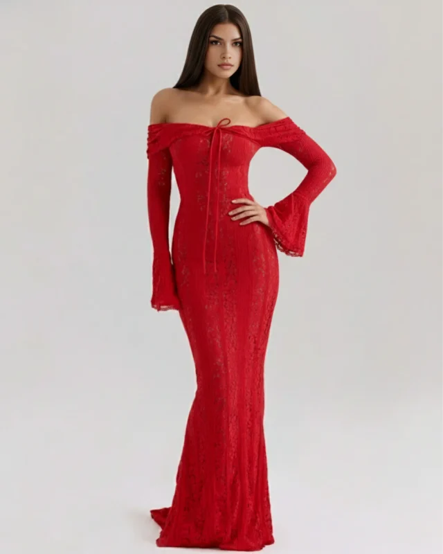 Full-length front shot of the red lace off-the-shoulder evening dress with a hand-on-hip pose, emphasizing the premium stretch floral lace body, keyhole neck detail, and a sweeping mermaid column skirt.