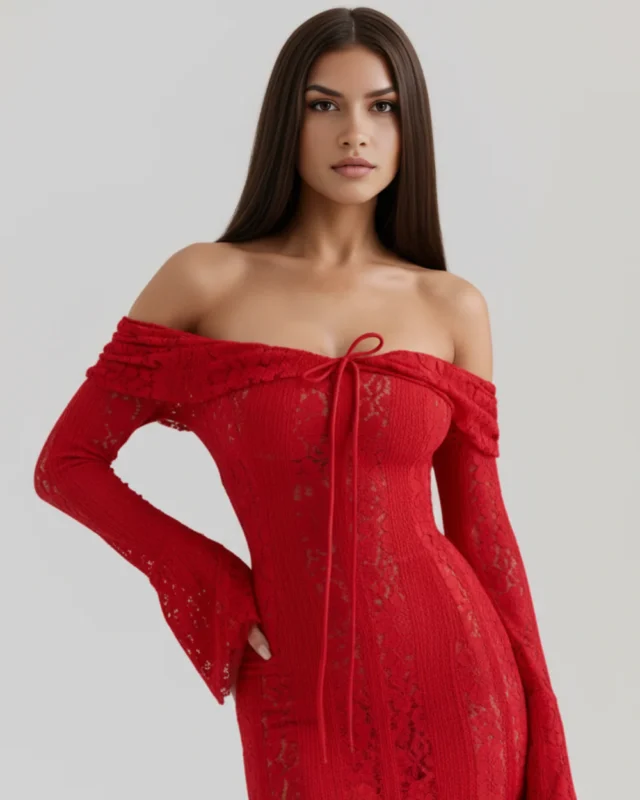 Close-up portrait view of the red lace off-shoulder bodice, highlighting the layered lace patterning, scalloped neckline edge, and elegant flared bell sleeves.