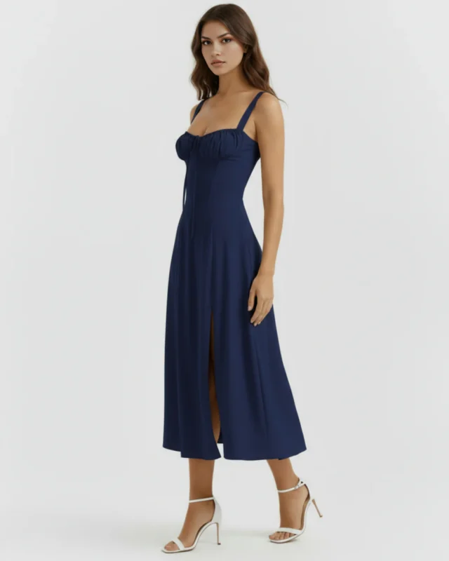 Three-quarter profile full-length perspective of the deep blue georgette midi dress, showing the elegant fluid drape of the midi-length skirt, supportive wide shoulder straps, and a polished cocktail party look.