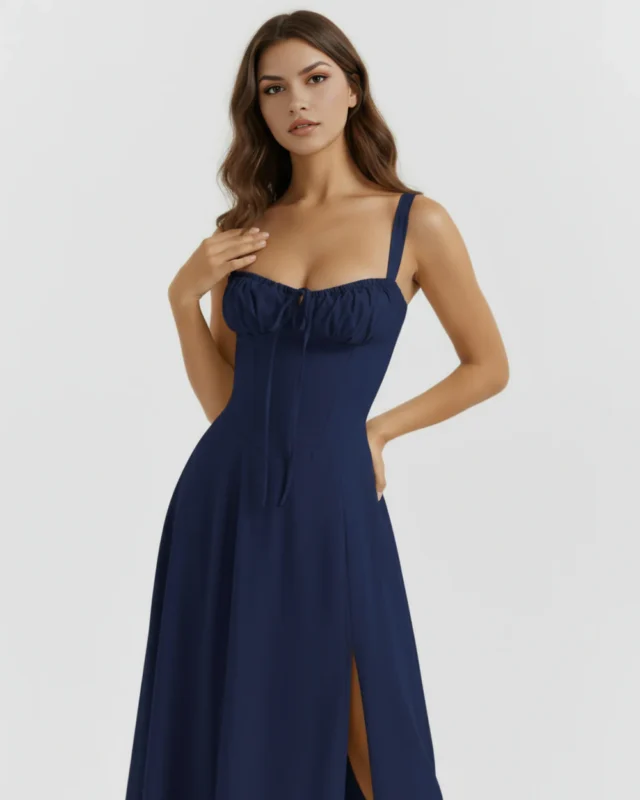 Close-up mid-length shot of the dark blue Capri dress bodice, emphasizing the precision seam detailing, cinched waistline configuration, and a delicate drawstring bust design.