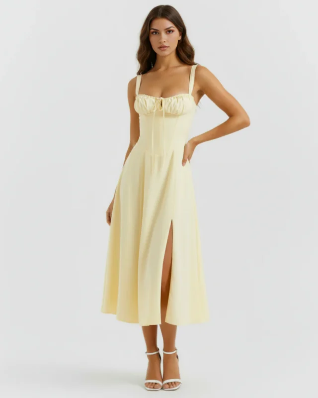 Front full-length portrait of the Capri midi dress in soft pastel butter yellow, showcasing the structured underwired milkmaid bodice, side hand pose, and a flowing skirt with a high leg slit.