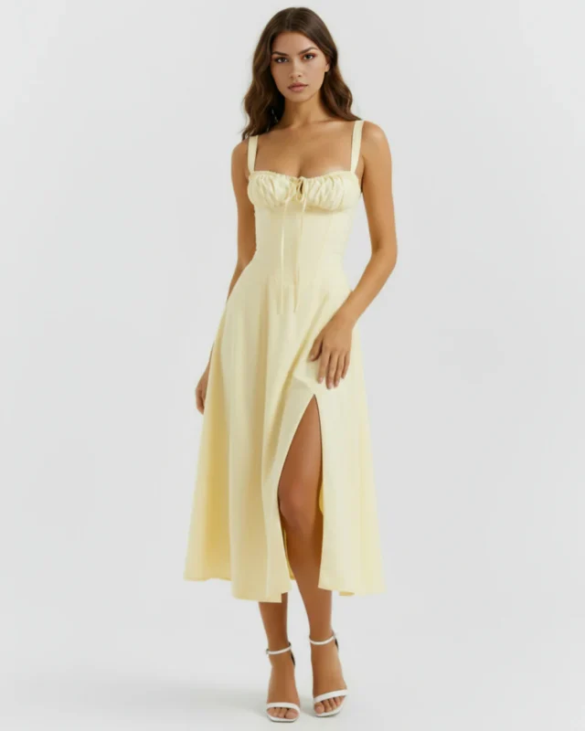 Full-length front shot of the light yellow corset midi dress walking forward, detailing the drawstring front bow bustier and fluid drape of the lightweight georgette fabric.
