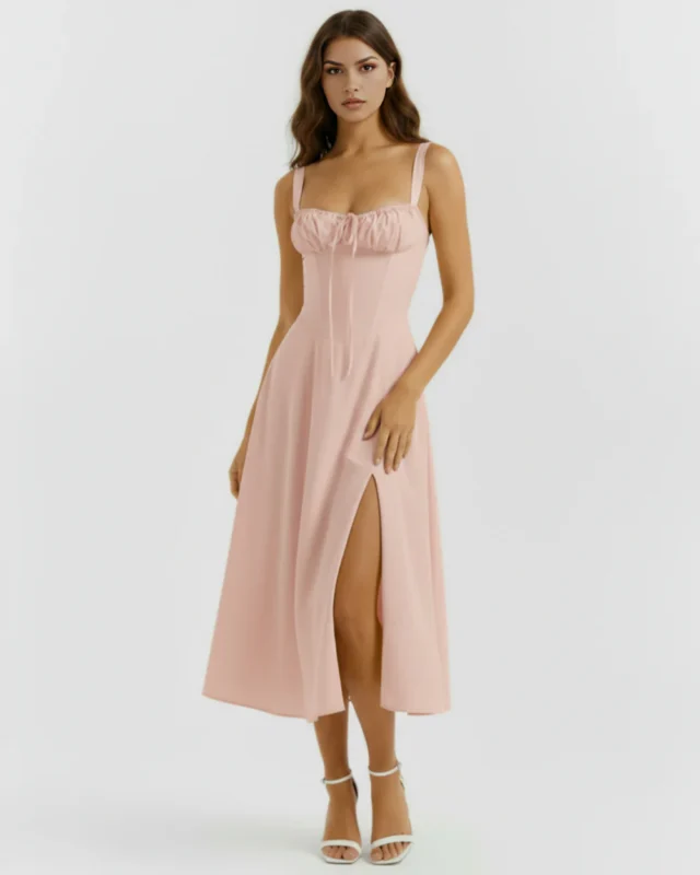 Full-length front perspective of the blush pink cottage-core corset midi dress, highlighting the contoured hourglass tailoring, bold leg slit, and a pair of chic white open-toe high heels.