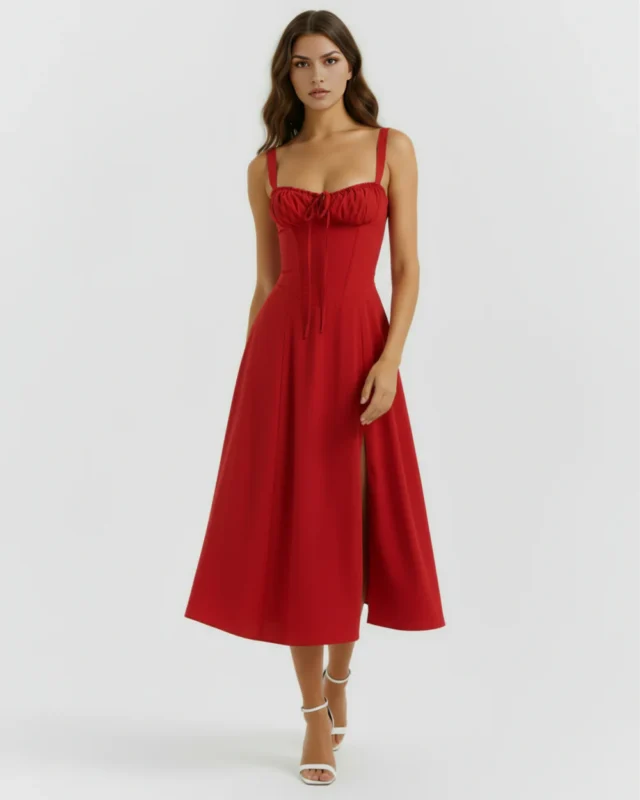 Full-length front shot of the Capri red midi dress, highlighting the vibrant crimson fabric, gathered underwired cups with a front bow detail, and a high-slit flared skirt walking pose.