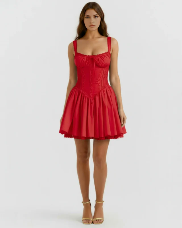 Front full-length studio portrait of the Celeste red mini dress, featuring a vibrant scarlet cotton construction, a cinched corset waist, gathered puff sleeves, and matching gold high-heeled sandals.