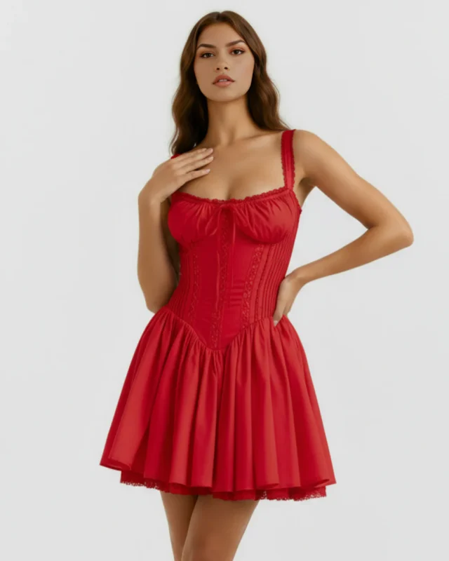 Mid-shot of the bright red strappy corset dress with a milkmaid neckline, showcasing the intricate lace trims tracing the bust, straps, and bodice panels.