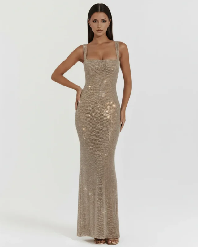 Front full-length portrait of the Genevieve gold maxi dress, featuring a structured square neckline, wide shoulder straps, and a statuesque column skirt heavily encrusted with sparkling champagne crystals.
