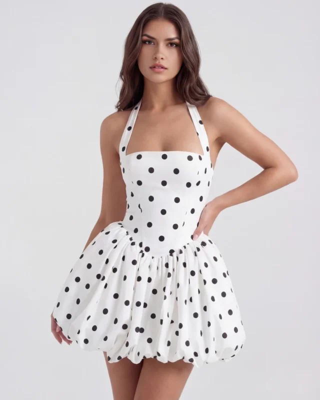 Front mid-length view of The Giuliana Polka Dot Halter Puffball Mini Dress in black and white, highlighting the structured square halter neckline, princess-seamed bodice, and voluminous puffball skirt.