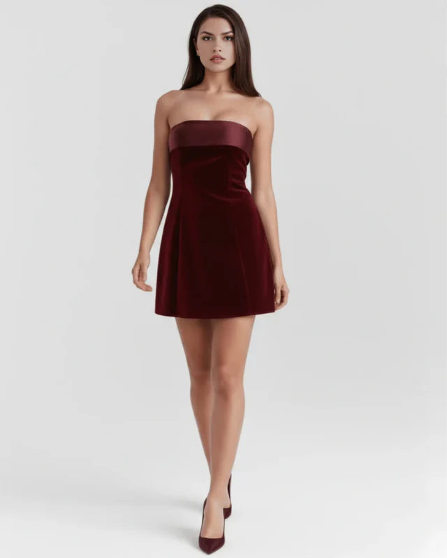 Front full-length view of the Lucianna burgundy mini dress, featuring a rich wine-red velvet construction, a matching shiny satin top band, and coordinating burgundy heels.