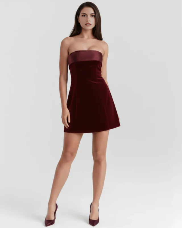Full-body studio shot of the model posing in the strapless dark red velvet mini dress, showcasing the structured silhouette, exposed shoulders, and long-leg-elongating short length.