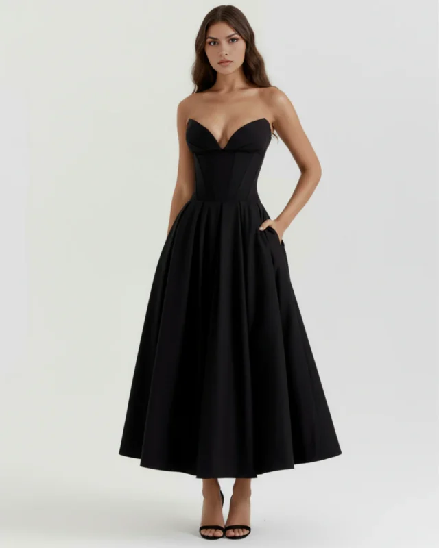 Front full-length studio portrait of the Mirabella black midi dress, showcasing a structured strapless corset bodice with a plunging sweetheart neckline, a pleated A-line skirt with functional side pockets, and black strappy heels.