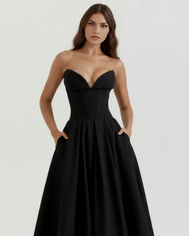 Mid-shot of the model posing with hands in pockets wearing the black strapless corset midi dress, highlighting the supportive boned torso and defined cups against a clean white backdrop.