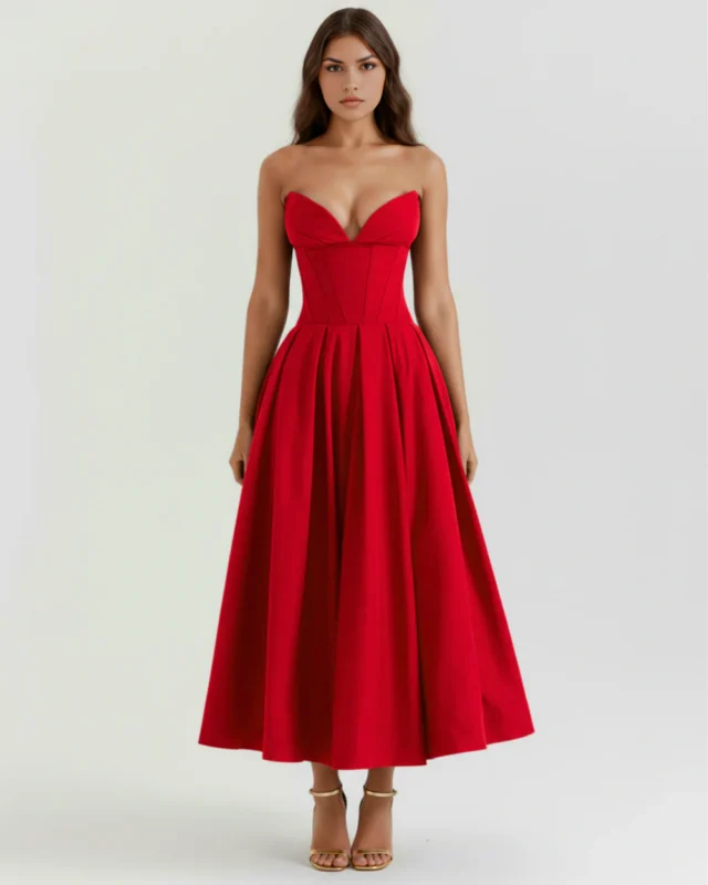 Front full-length studio shot of the Mirabella red midi dress, featuring a vibrant scarlet hue, a supportive strapless corset bodice, a pleated A-line skirt, and metallic gold stiletto sandals.