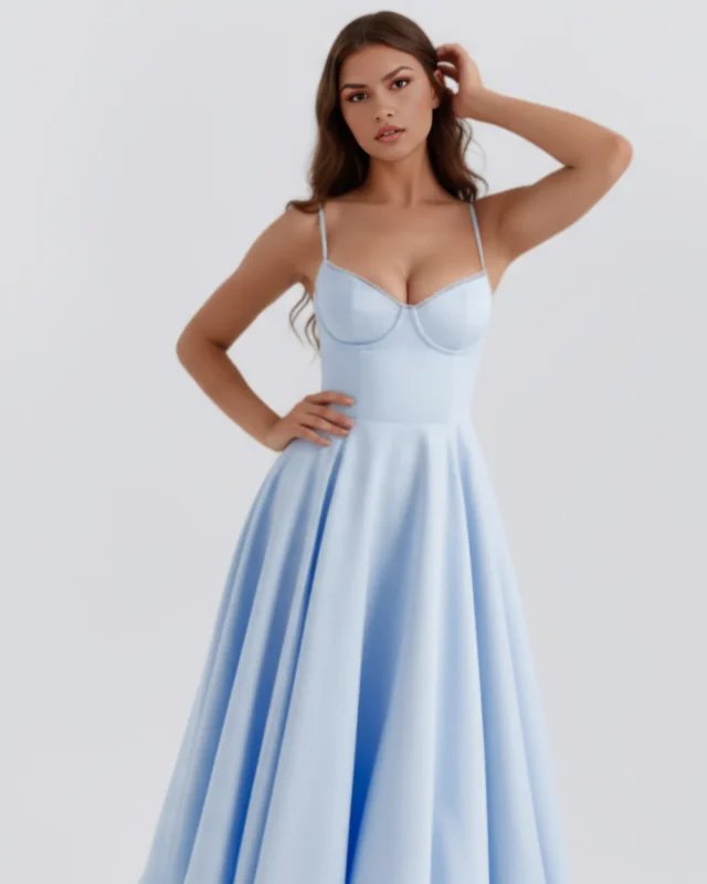Close-up mid-shot of the light blue corseted midi dress, highlighting the supportive cupped bodice, fine strap detailing, and tailored waistline construction.