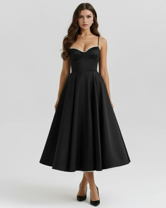 Front full-length view of a classic black corseted midi dress featuring a structured sweetheart bustier, delicate white lace cup trim, and a full pleated tea-length column skirt.