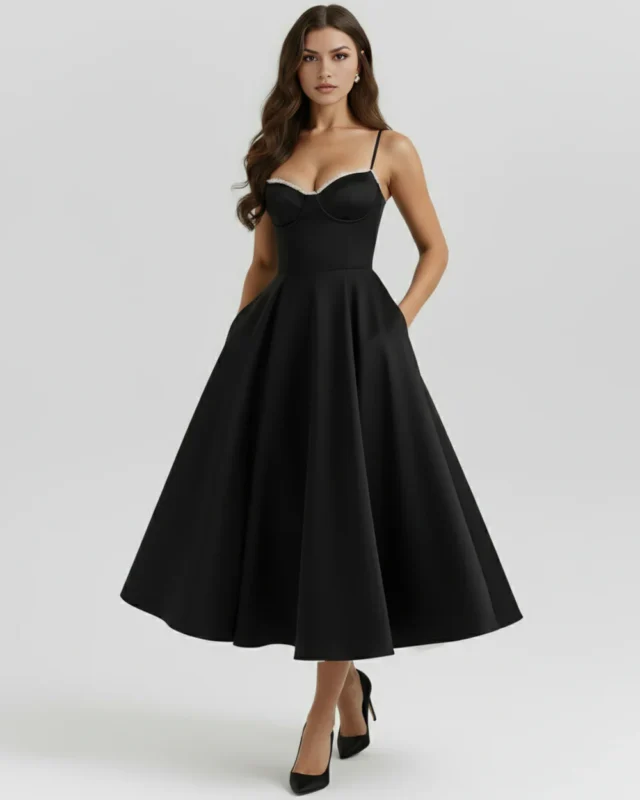 Front full-length perspective of the black satin-feel cocktail midi dress with hands placed in hidden side pockets, showcasing a chic, effortlessly elegant party silhouette.