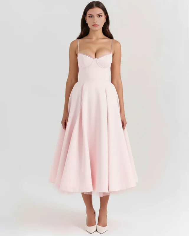 Front full-length view of the Selena midi tea dress in romantic blush pink, featuring a supportive cupped corset bodice, thin straps, a full pleated A-line skirt, and a peeking mesh tulle petticoat.