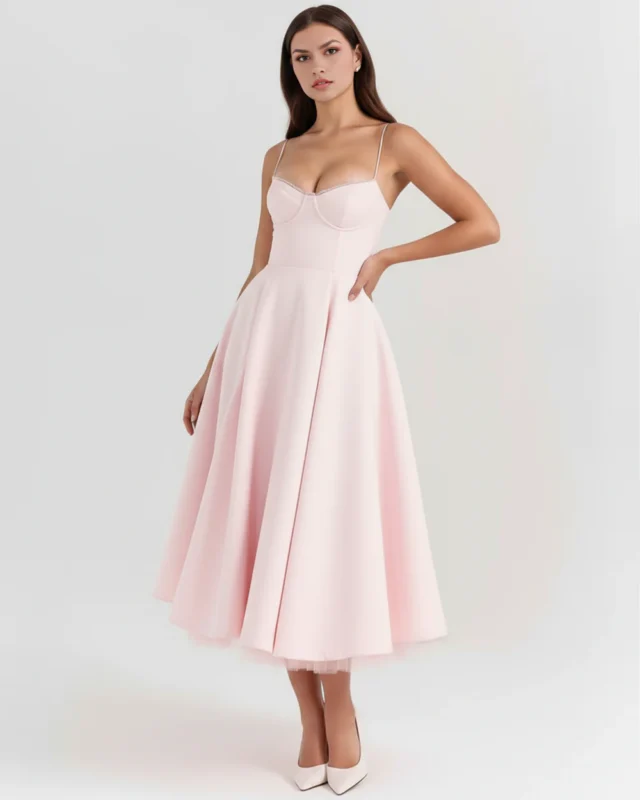 Three-quarter front full-length perspective of a premium light pink corseted cocktail midi dress with a hand-on-hip pose, showcasing the flattering pinched waistline and structured satin silhouette.