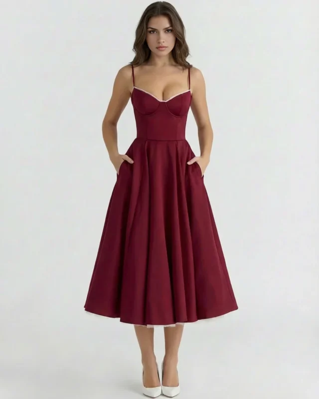 Front full-length portrait of the Selena midi dress in a rich burgundy wine tone, highlighting the structured corset bodice with delicate lace cup trim and functional hidden side pockets.