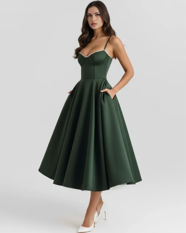 Three-quarter front full-length perspective of the Selene midi dress in deep forest green, emphasizing the hands-in-pockets pose, a supportive sweetheart bustier bodice, and white stiletto heels.
