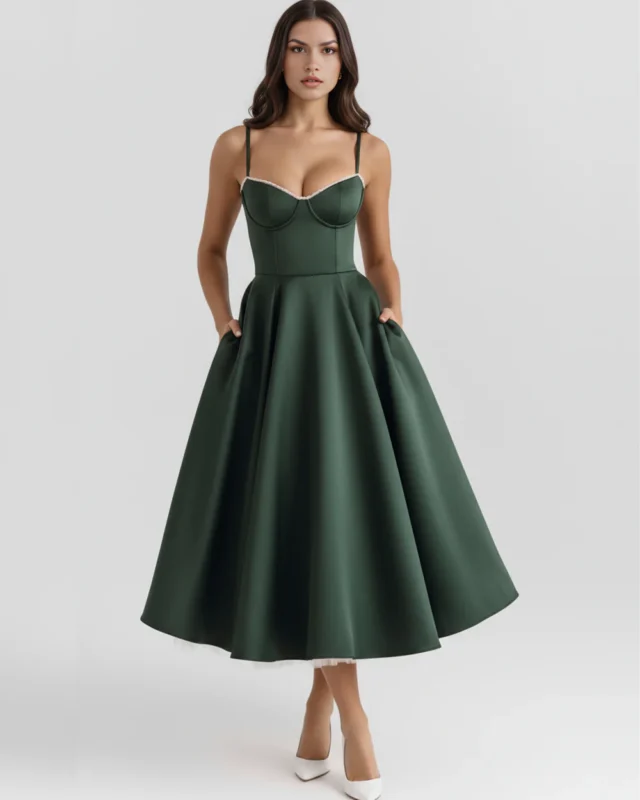 Balanced front full-length shot of a premium dark green corseted A-line midi dress, showcasing the precise torso paneling, contrasting white lace cup trim, and a full pleated tea-length skirt.