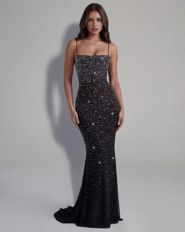 Front full-length studio portrait of the Vivienne black maxi gown, showcasing a straight strapless-style neckline with ultra-thin spaghetti straps and a body-contouring column silhouette encrusted with light-reflecting crystals.